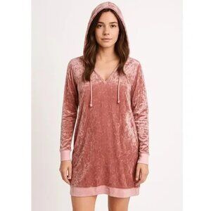 Betsey Johnson Crushed Velvet Tunic Hoodie Dress Pink Y2K Large Soft Stretch